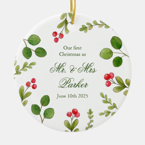 Watercolor Greenery Our First Christmas PHOTO Ceramic Ornament