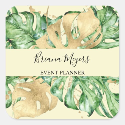 Watercolor Greenery Palm Leaves Gold on Yellow Square Sticker