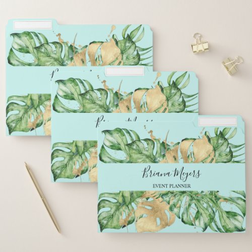 Watercolor Greenery Palm Leaves Gold Teal File Folder