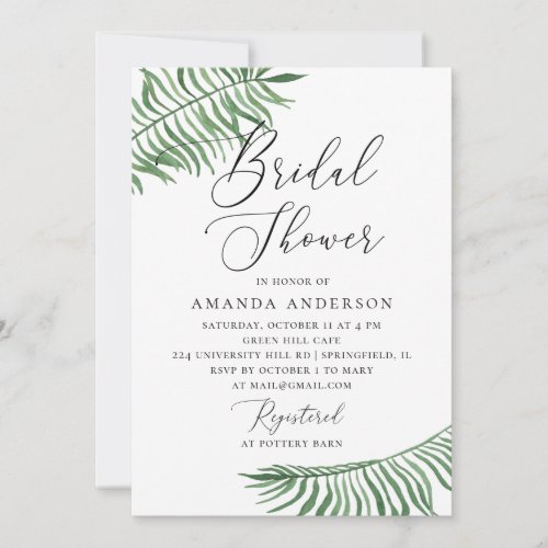 Watercolor greenery palm Tropical bridal shower Invitation