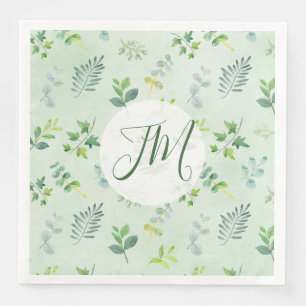 Watercolor Greenery Pattern Monogram Wedding Paper Dinner Napkins