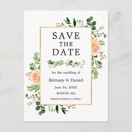 Watercolor Greenery Peach Floral Save The Date Postcard