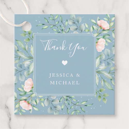 Watercolor Greenery Peach Roses Dusty Blue Wedding Favor Tags