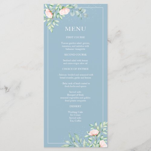 Watercolor Greenery Peach Roses Dusty Blue Wedding Menu