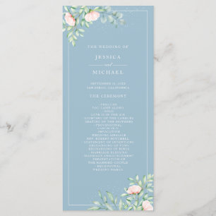 Watercolor Greenery Peach Roses Dusty Blue Wedding Program