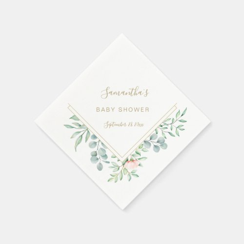 Watercolor Greenery Peach Roses Floral Baby Shower Napkins