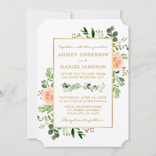 Watercolor Greenery Peach Roses Gold Wedding Invitation