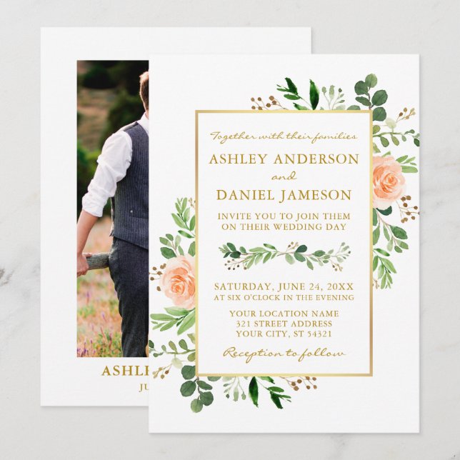 Watercolor Greenery Peach Roses Photo Gold Wedding Invitation (Front/Back)
