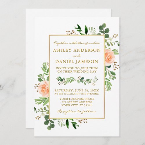 Watercolor Greenery Peach Roses Photo Gold Wedding Invitation