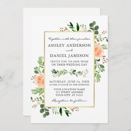 Watercolor Greenery Peach Roses Photo Wedding Invitation