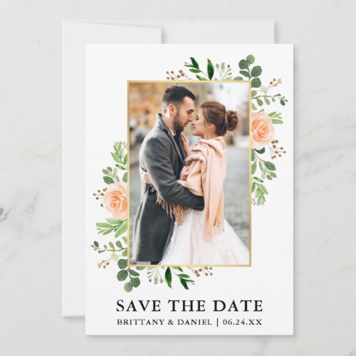 Watercolor Greenery Peach Roses Save The Date Card