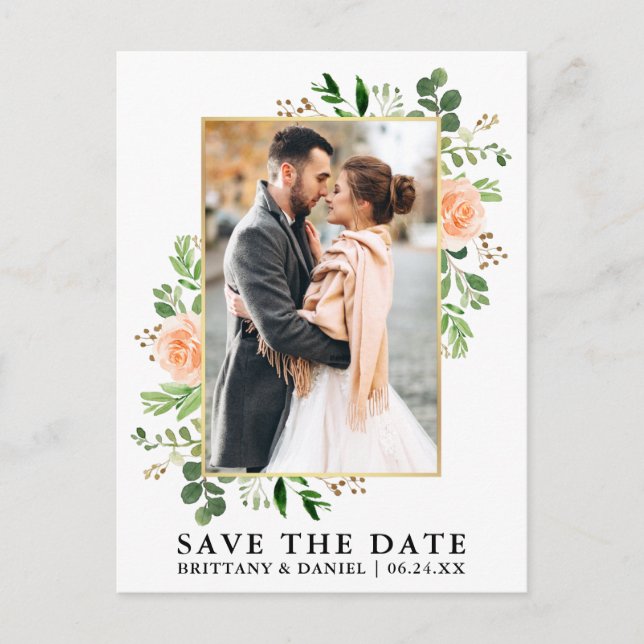 Watercolor Greenery Peach Roses Save The Date Postcard (Front)