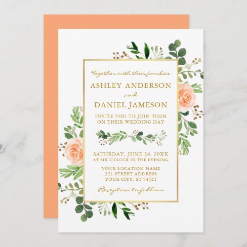Watercolor Greenery Peach Roses Wedding Gold Invitation
