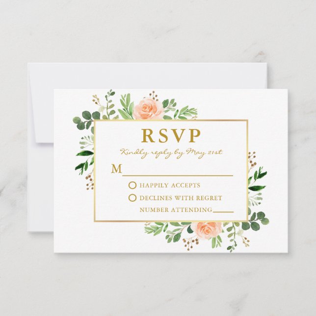 Watercolor Greenery Peach Roses Wedding Gold RSVP Card (Front)