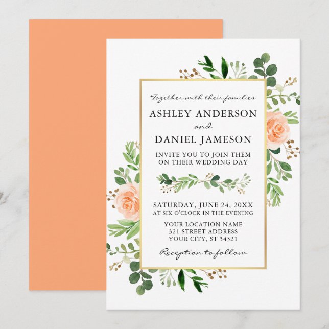 Watercolor Greenery Peach Roses Wedding Invitation (Front/Back)