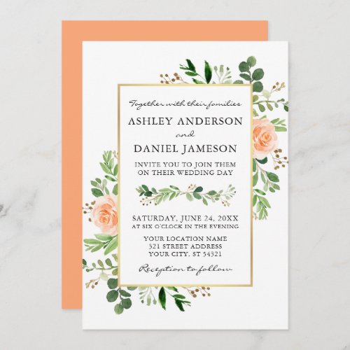 Watercolor Greenery Peach Roses Wedding Invitation