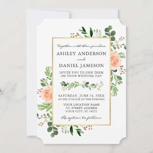 Watercolor Greenery Peach Roses Wedding Invitation