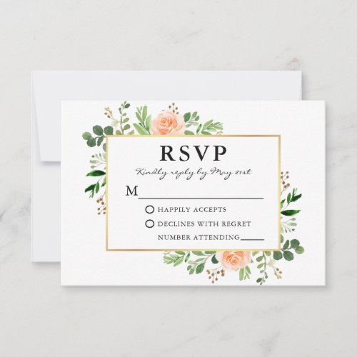 Watercolor Greenery Peach Roses Wedding RSVP Card