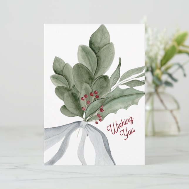 Watercolor Greenery Personalized Christmas Holiday Card (Standing Front)