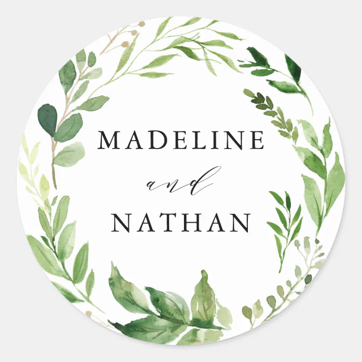 Watercolor Greenery | Personalized Wedding Classic Round Sticker | Zazzle