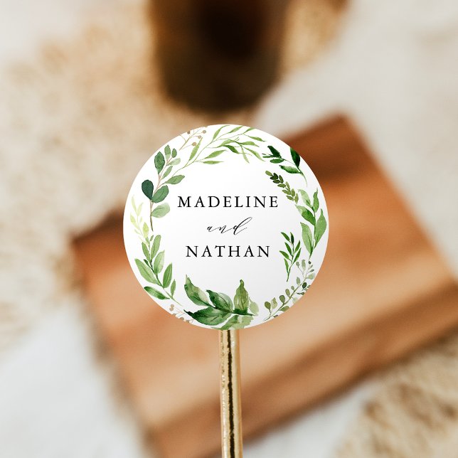 Watercolor Greenery Personalized Wedding Classic Round Sticker (Creator Uploaded)
