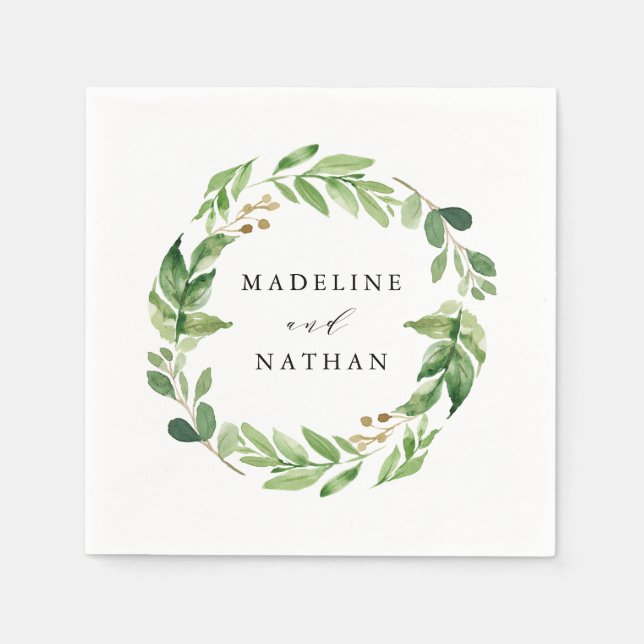 Watercolor Greenery | Personalized Wedding Napkins (Front)