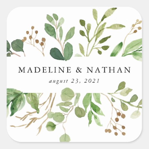 Watercolor Greenery | Personalized Wedding Square Sticker