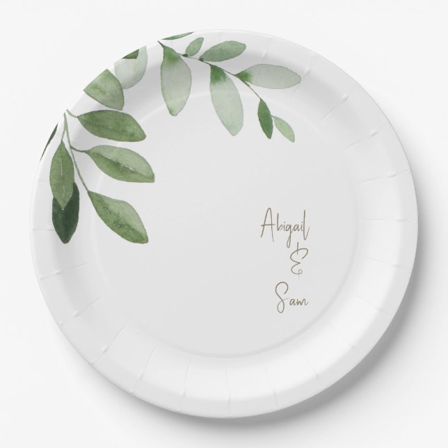 Watercolor Greenery Personalized White Wedding  Paper Plates (Front)