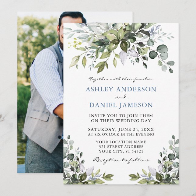 Watercolor Greenery Photo Back Dusty Blue Wedding Invitation (Front/Back)