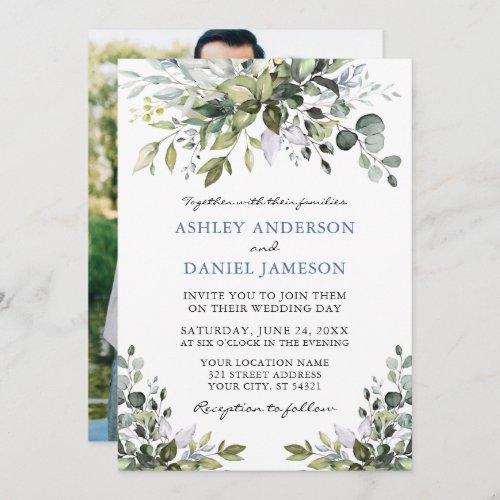 Watercolor Greenery Photo Back Dusty Blue Wedding Invitation