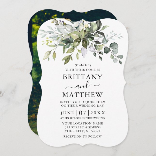 Watercolor Greenery Photo Bracket Wedding Invitation (Front/Back)