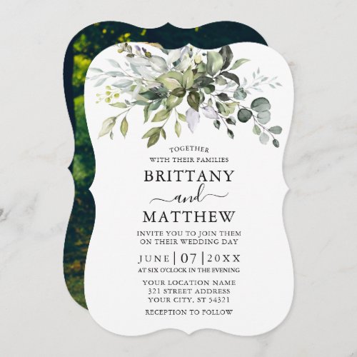 Watercolor Greenery Photo Bracket Wedding Invitation