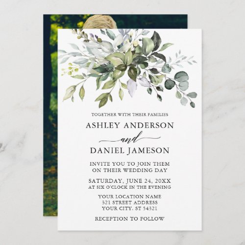 Watercolor Greenery Photo Calligraphy Wedding Invitation