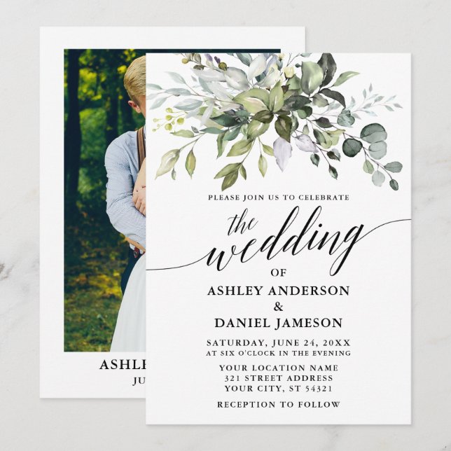 Watercolor Greenery Photo Calligraphy Wedding Invitation (Front/Back)