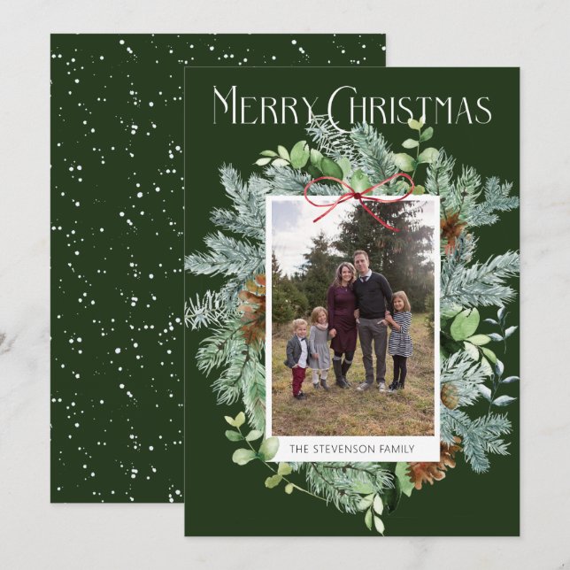 Watercolor Greenery Photo Christmas Greeting Card (Front/Back)