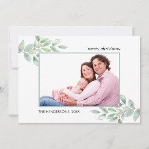 Watercolor Greenery Photo Christmas Holiday Card