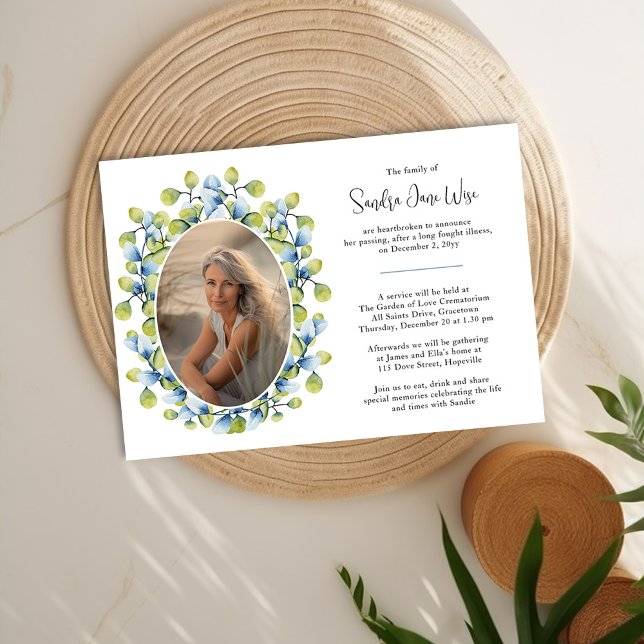Watercolor Greenery Photo Death Notice and Funeral Invitation (Death Announcement and Funeral Invitation with photo framed with greenery by Darling & May)