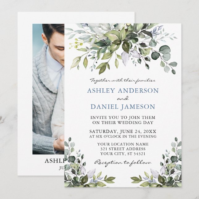 Watercolor Greenery Photo Dusty Blue Wedding Invitation (Front/Back)