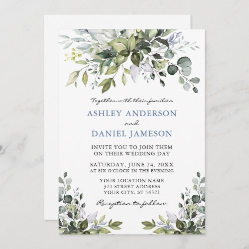 Watercolor Greenery Photo Dusty Blue Wedding Invitation