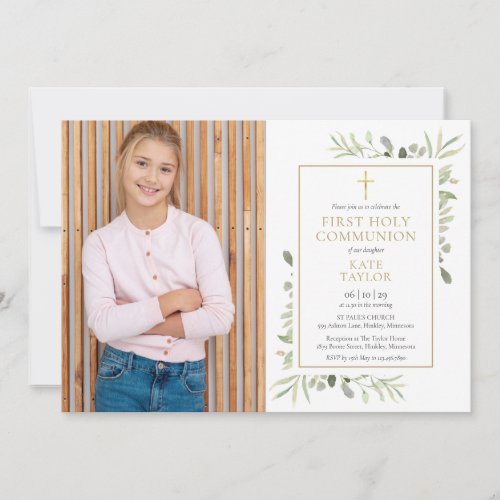 Watercolor Greenery Photo First Holy Communion Invitation