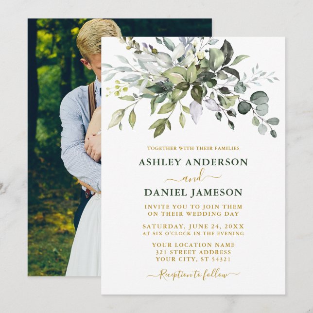 Watercolor Greenery Photo Gold Green Wedding Invitation (Front/Back)