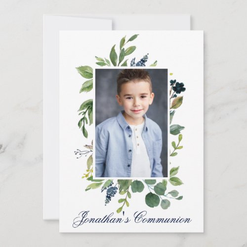 Watercolor Greenery Photo Holy Communion Blue Invitation