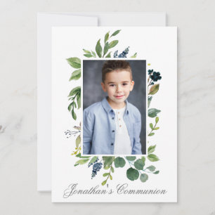 Watercolor Greenery Photo Holy Communion Silver Invitation