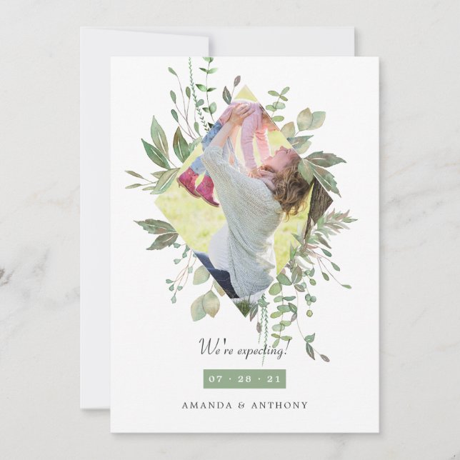 Watercolor Greenery Photo Pregnancy Announcement (Front)