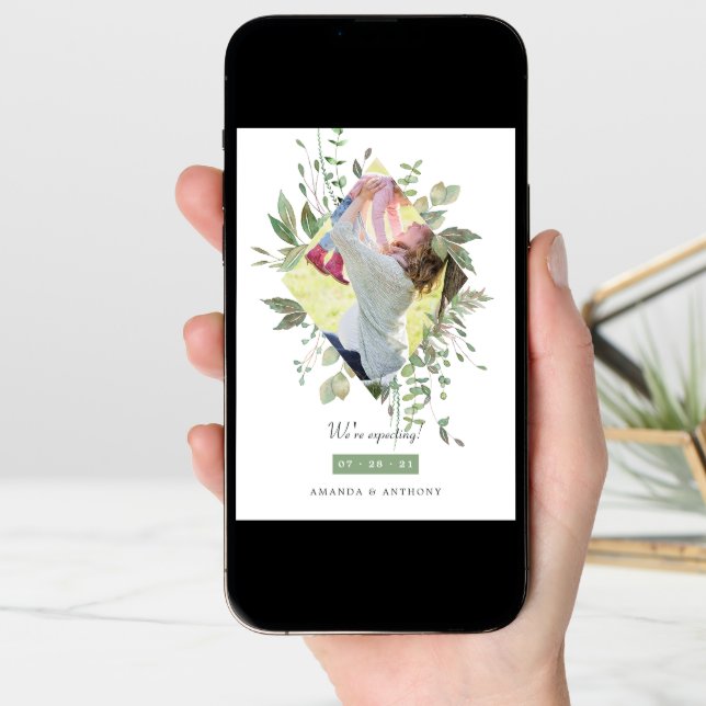 Watercolor Greenery Photo Pregnancy Announcement (Front Digital)
