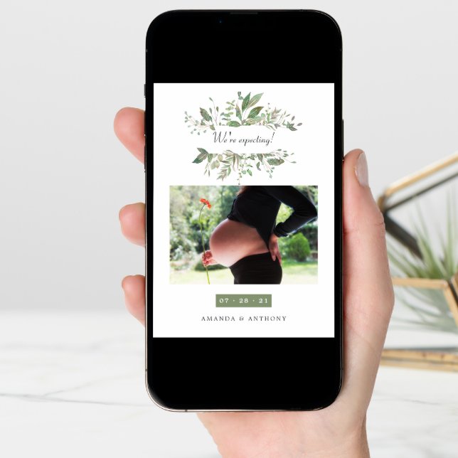 Watercolor Greenery Photo Pregnancy Announcement (Front Digital)