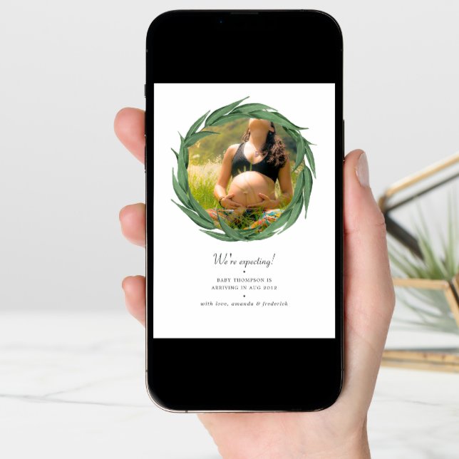 Watercolor Greenery Photo Pregnancy Announcement (Front Digital)