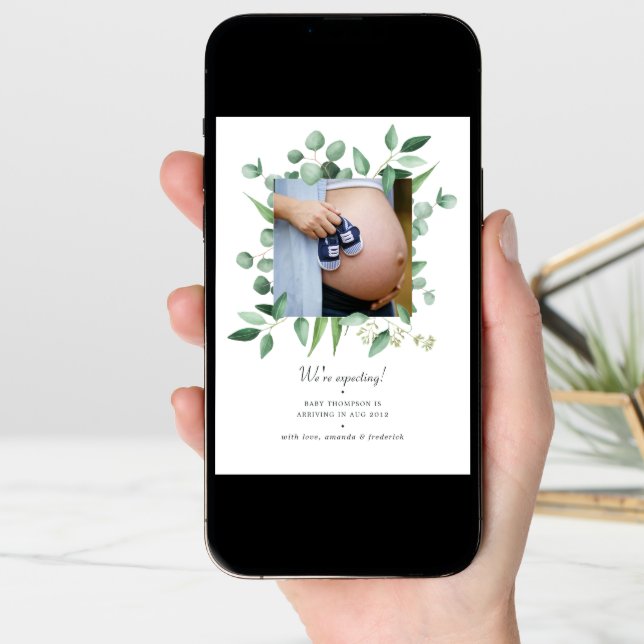 Watercolor Greenery Photo Pregnancy Announcement (Front Digital)