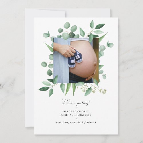 Watercolor Greenery Photo Pregnancy Announcement