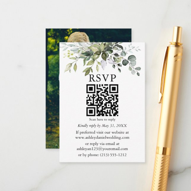 Watercolor Greenery Photo QR Wedding RSVP Enclosure Card (Front/Back In Situ)